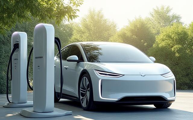 充電ステーションで充電中の電気自動車